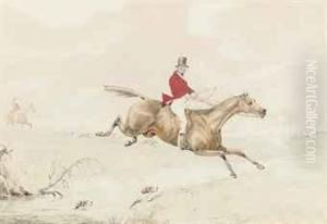 Three Hunting Scenes Comprising: Crossing The Brook by Henry Thomas Alken