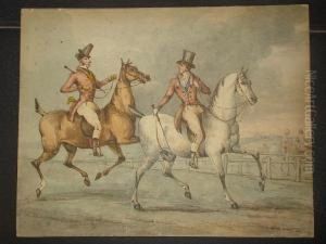 Two Gentleman Arriving At The Races On Horseback by Henry Thomas Alken