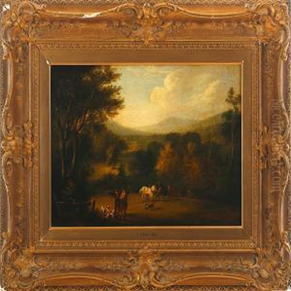 A Landscape Scenery With Hunters, Horses And Dogs - view 1