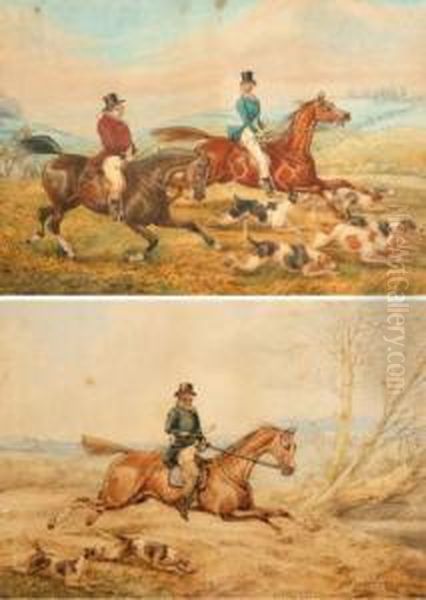 Huntsman On Horseback In Full Gallop With Two Dogs Alongside - view 1