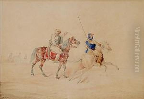 Three Mounted Arab Horsemen In A
 Desert, A Town On The Skyline, And Companion Of An Arab On His Stallion
 With A Mounted Messenger - view 1