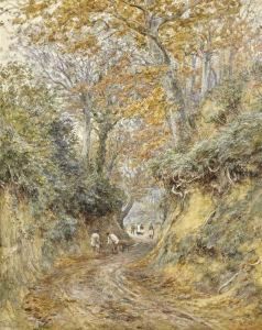Raking The Leaves, Hollow Lane, Witley, Surrey by Helen Mary Elizabeth Allingham