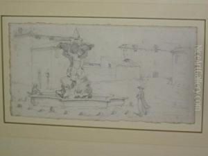 An Italian Village, With Two Figures By Afountain An Italian Village, With Two Figures By Afountain