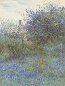 Children At The Edge Of A Bluebell Field, A Cottage Beyond by Helen Mary Elizabeth Allingham