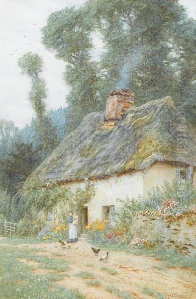 A Mother And Child Outside A Thatchedcottage - view 1
