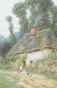 A Mother And Child Outside A Thatchedcottage by Helen Mary Elizabeth Allingham