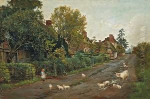 A Sow And Her Piglets Outside A Row Ofcottages With A Small Child Looking On