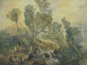 Italian Landscape With Figures On A Streamside Byeway by Sir Lawrence Alma-Tadema