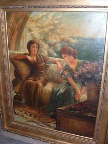 Twoclassical Women Seated On A Terrace - view 1