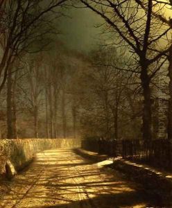 A Moonlit Lane with two lovers by a gate