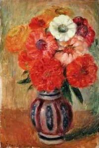 Zinnias in a Striped Blue Vase