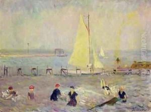 Seascape with Two Sailboats and Six Bathers by William Glackens