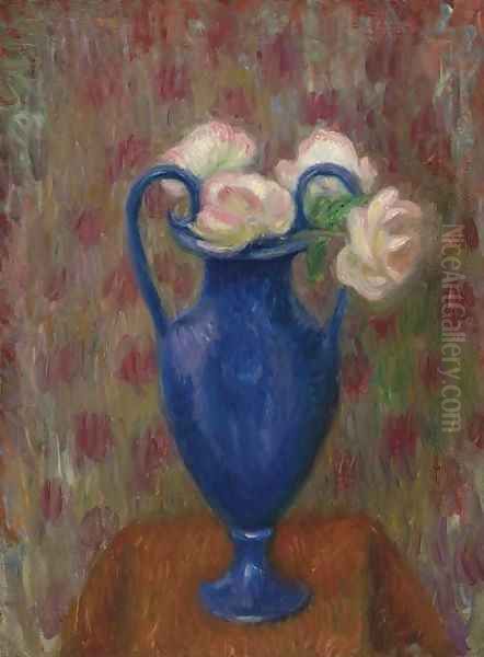 Pink Roses in Blue Urn - view 1