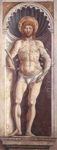 St Sebastian (on the pillar) 1464-65 by Benozzo di Lese di Sandro Gozzoli