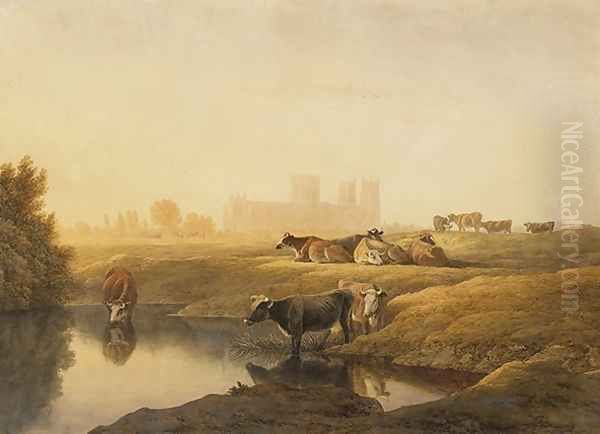 Cattle in Water Meadows with York Minster in the Distance - view 1