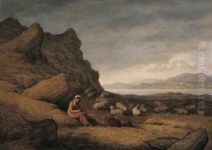 Lake Scene with Seated Figure and Sheep by John Glover