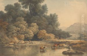 Hilly landscape with River and Cattle by John Glover