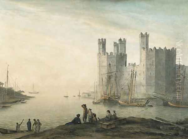 Caernarvon Castle, with boats and figures in the foreground - view 1