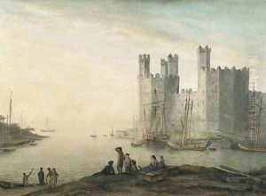 Caernarvon Castle, with boats and figures in the foreground by John Glover