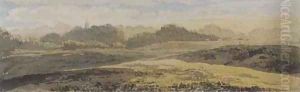 A wooded landscape with a church spire in the distance by John Glover