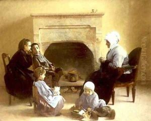 Family seated around a hearth by Henri-Jules-Jean Geoffroy (Geo)
