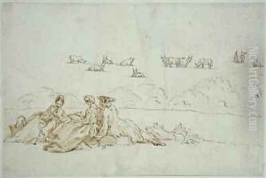 A Picnic Two Ladies and a Gentleman by Hubert-Francois Gravelot