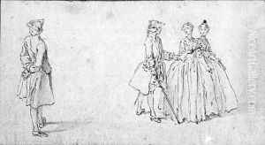 A Gentleman Standing By A Two Ladies And A Gentleman by Hubert-Francois Gravelot