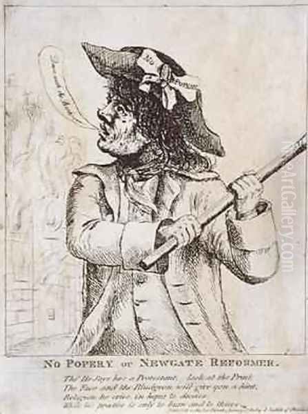 No Popery or Newgate Reformer possibly Ned Dennis wearing a No Popery favour in his hat with Newgate Prison in flames behind - view 1