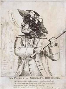 No Popery or Newgate Reformer possibly Ned Dennis wearing a No Popery favour in his hat with Newgate Prison in flames behind by James Gillray