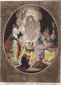 A Phantasmagoria Scene Conjuring Up an Armed Skeleton by James Gillray