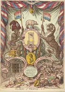 The Arms of France illustration from Loyal and patriotic hand bills songs addresses etc on the threatened invasion of Great Britain by Bonaparte by James Gillray