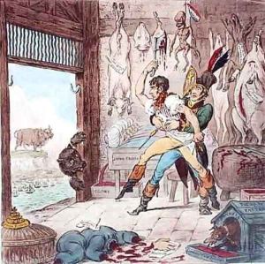 Napoleon Bonaparte 1796-1821 being restrained from butchering the bear of Russia by James Gillray