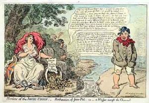Horrors of the Irish Union Botheration of Poor Pat or A Whisper across the Channel by James Gillray