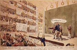Acting Magistrates commiting themselves being their first appearance as performed at the National Theatre Covent Garden London by James Gillray