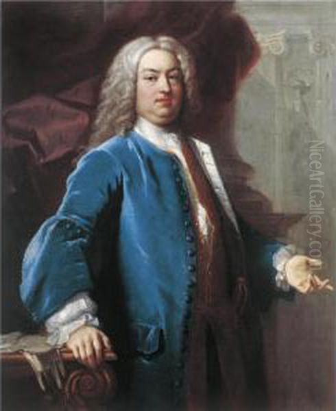 Portrait Of A Gentleman Thought 
To Be James Howe, Three-quarter Length, Wearing A Powdered Wig And A 
Blue Velvet Frock-coat, Standing In A Palatial Interior - view 1