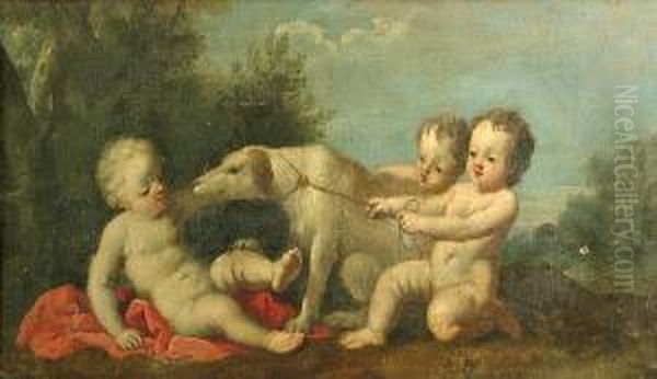 Three Putti Playing With A Pet Dog - view 1
