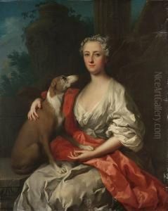 Portrait Of A Lady, Seated 
Three-quarter-length, In A White Dress With A Crimson Wrap, A Dog At Her
 Side, A Landscape Beyond