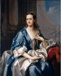 Portrait Of A Lady, 
Three-quarter Length, Wearing A Blue And White Velvet Dress And Seated 
In A Sumptuous Interior