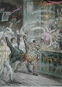 Blowing up the Pic Nics or Harlequin Quixotte attacking the Puppets by James Gillray