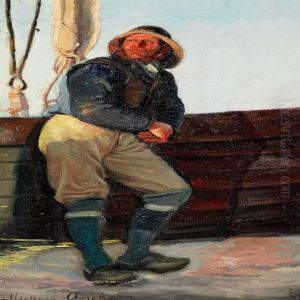 Fisherman From Skagen Leaning Against A Boat by Michael Ancher