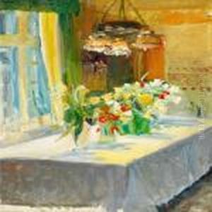 Et Bord Med Blomster Paa Fru Brodersens Fodselsdag