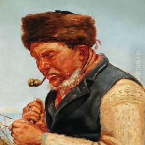 Fisherman Niels Gaihede Reparing A Fishing-net, Skagen by Michael Ancher