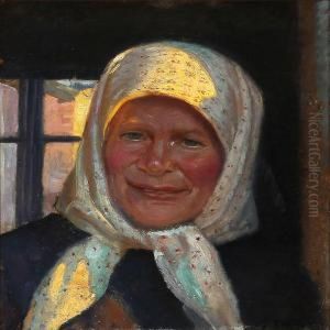 A Woman With A Floral Headscarf, Skagen by Michael Ancher