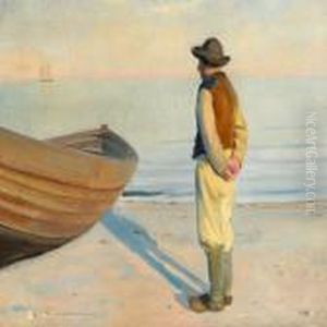 Fisherman On The Beach In Afternoon Light by Michael Ancher