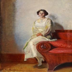 Portrait Of Henny Brodersen Seated On A Sofa Armrest