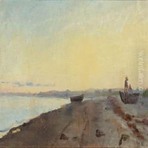 Coastal Scenery With Fishermen And Boats On The Beach