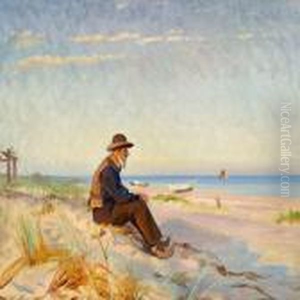 An Old Fisherman From Skagen In The Late Afternoon Sun Onthe Beach by Michael Ancher