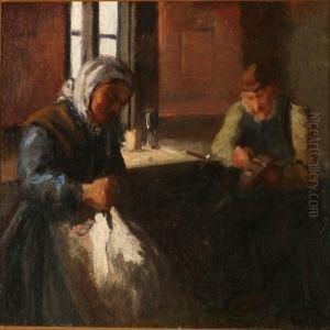 Interior With An Oldcouple Who Sews And Repairs Shoes by Michael Ancher