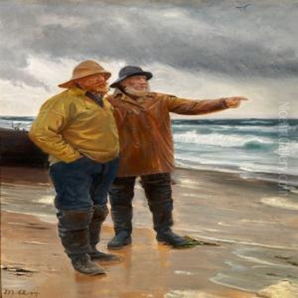 Two Fishermen On The Beach, One Is Pointing Towards The Sea - view 1
