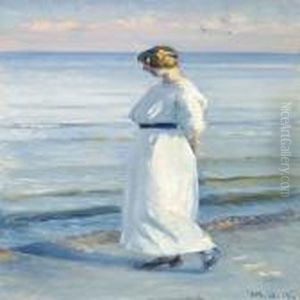 Young Woman In A Whitedress Walking On Skagen Beach by Michael Ancher